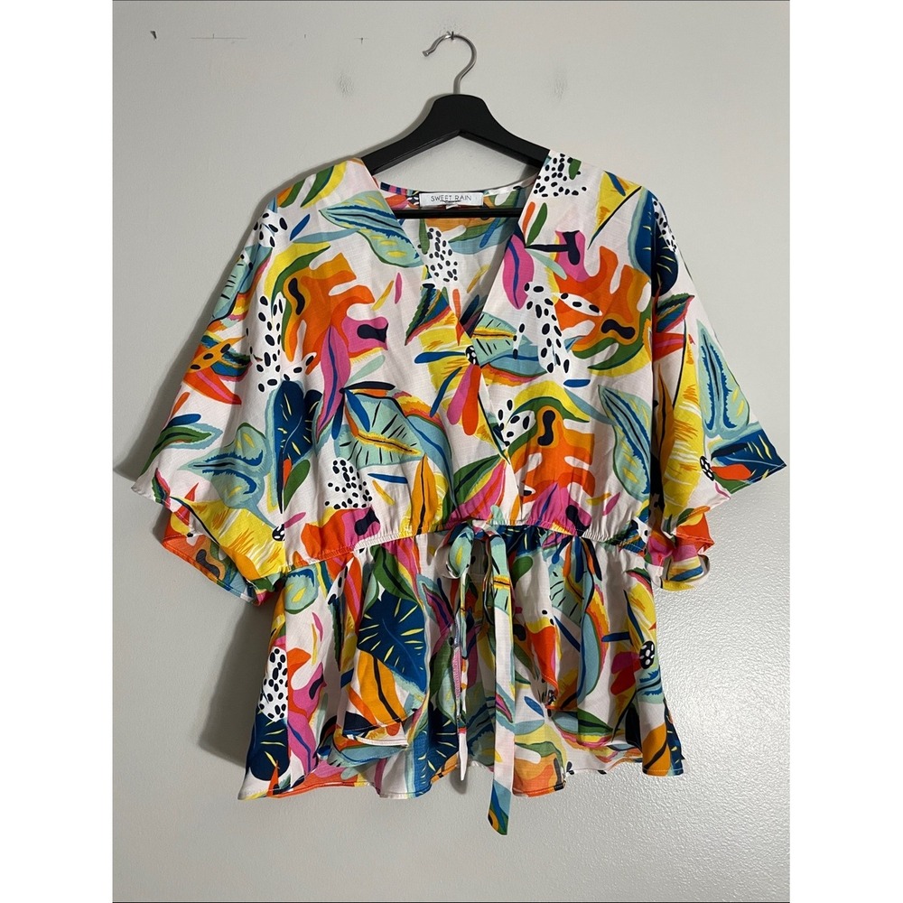 Sweet Rain Tropical Leaf Print Peplum Tie Front Kimono Sleeve Top Multicolor L